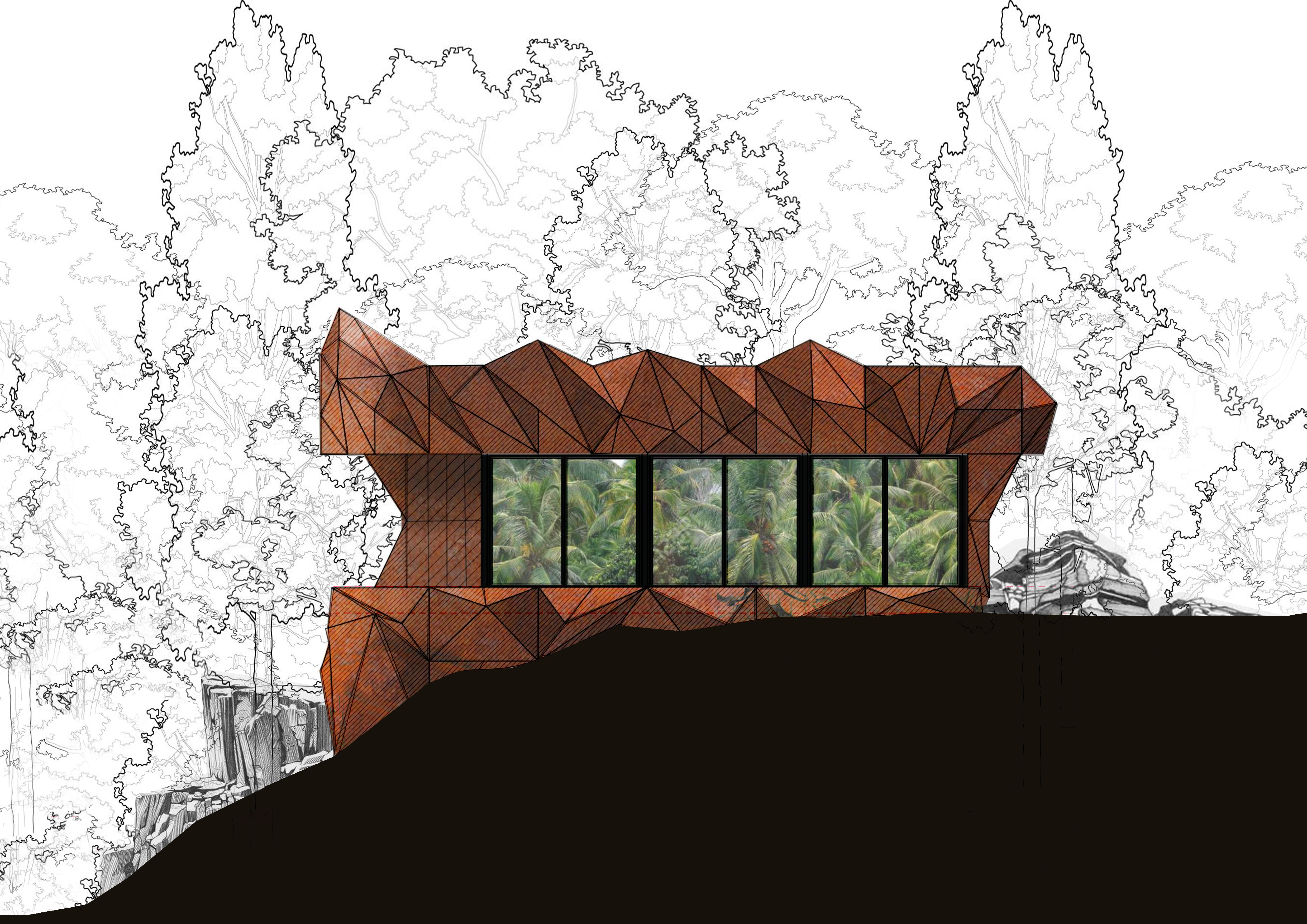 Architectural drawing in a tropical landscape